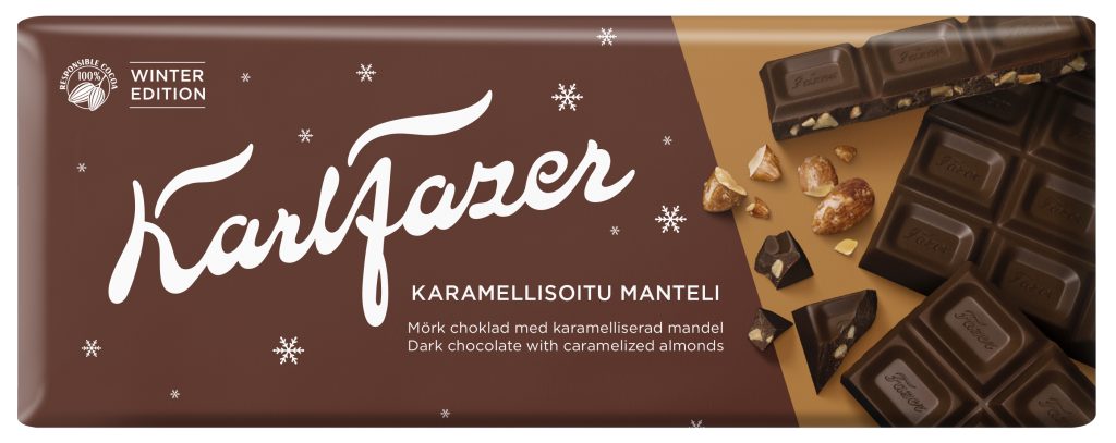 Karl Fazer Karamellisoitu Manteli Tumma Suklaa Winter edition suklaalevy 200 g (uutuus)