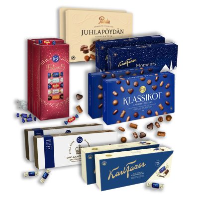 Lahjalaatikko sisältää rakastettujen kotimaisten brändien herkullisimmat suklaat.